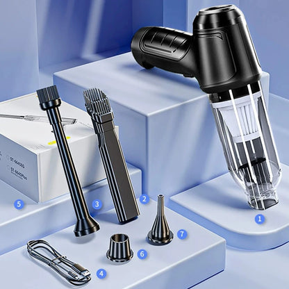 Velmora Living car vacuum cleaner with strong suction power, shown cleaning car interior with detachable nozzle and compact design.
