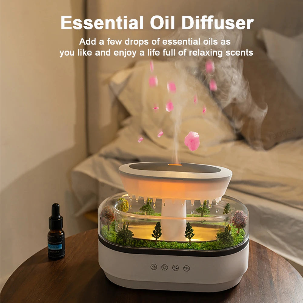 Velmora Living rain-shaped humidifier essential oils diffuser on a white background, showcasing its sleek design and mist outlet.