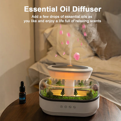 Velmora Living rain-shaped humidifier essential oils diffuser on a white background, showcasing its sleek design and mist outlet.