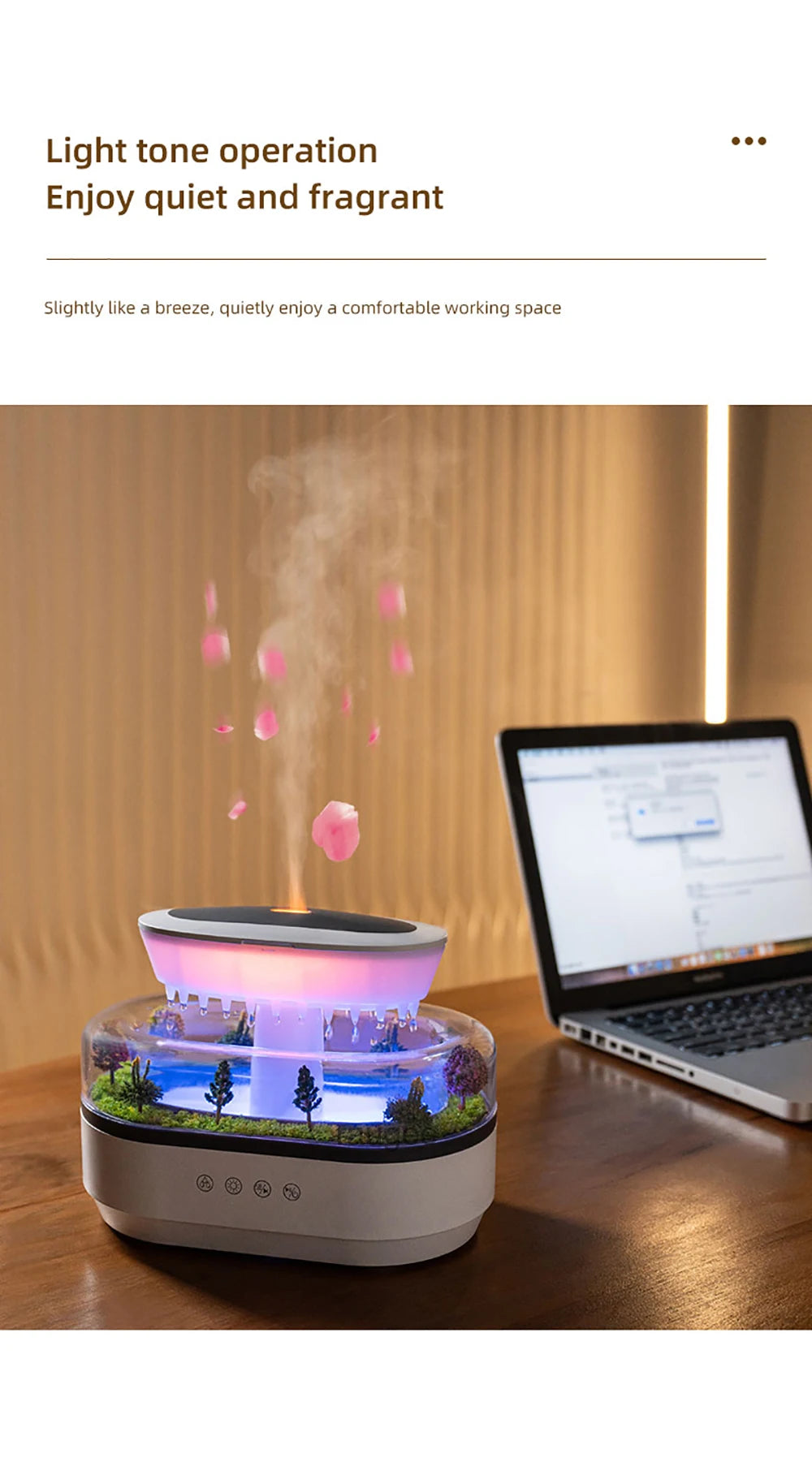 Velmora Living humidifier essential oils diffuser in raindrop shape emitting mist, with a sleek design and soft ambient lighting.