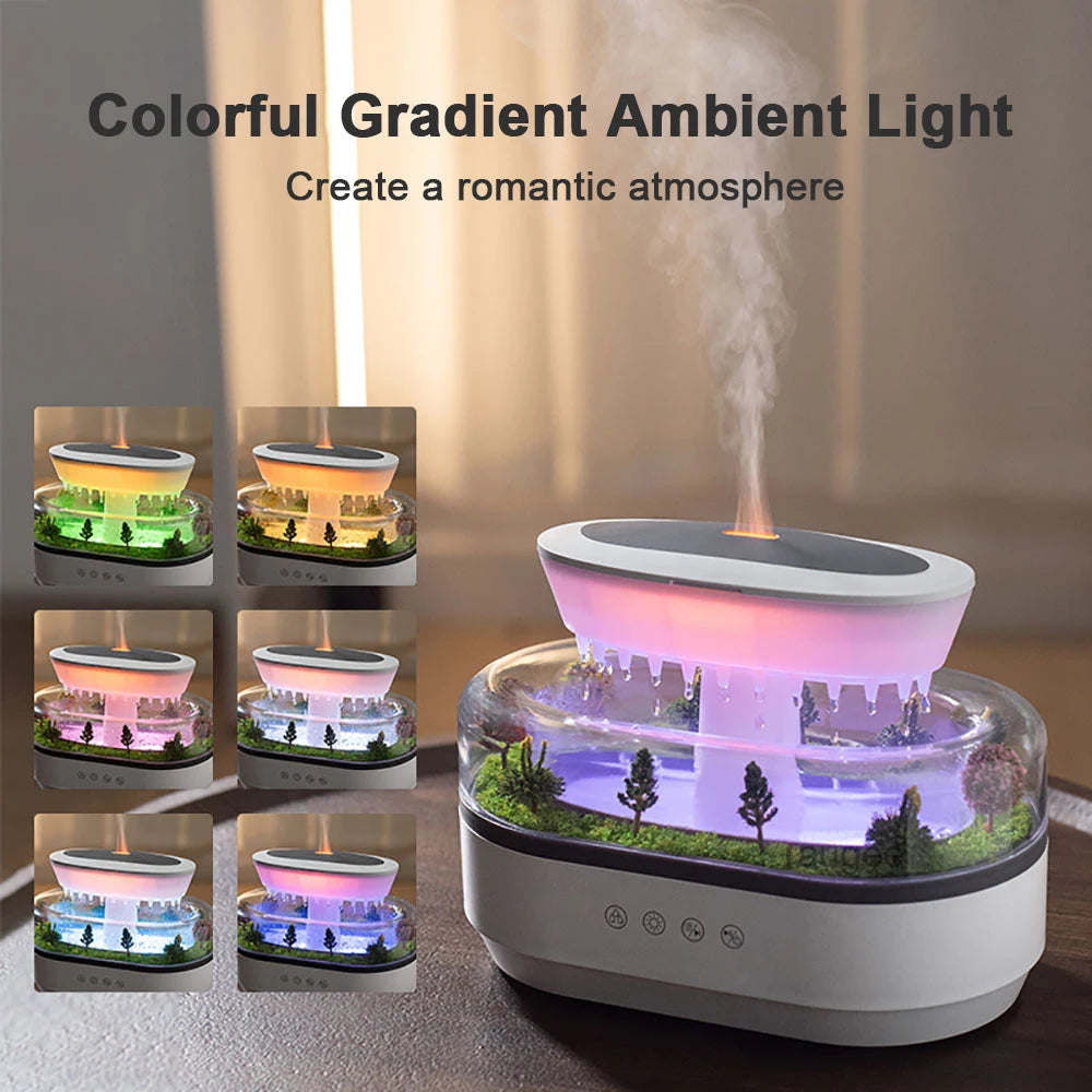 Velmora Living humidifier essential oils diffuser in raindrop shape, white plastic with water mist and essential oil aroma.