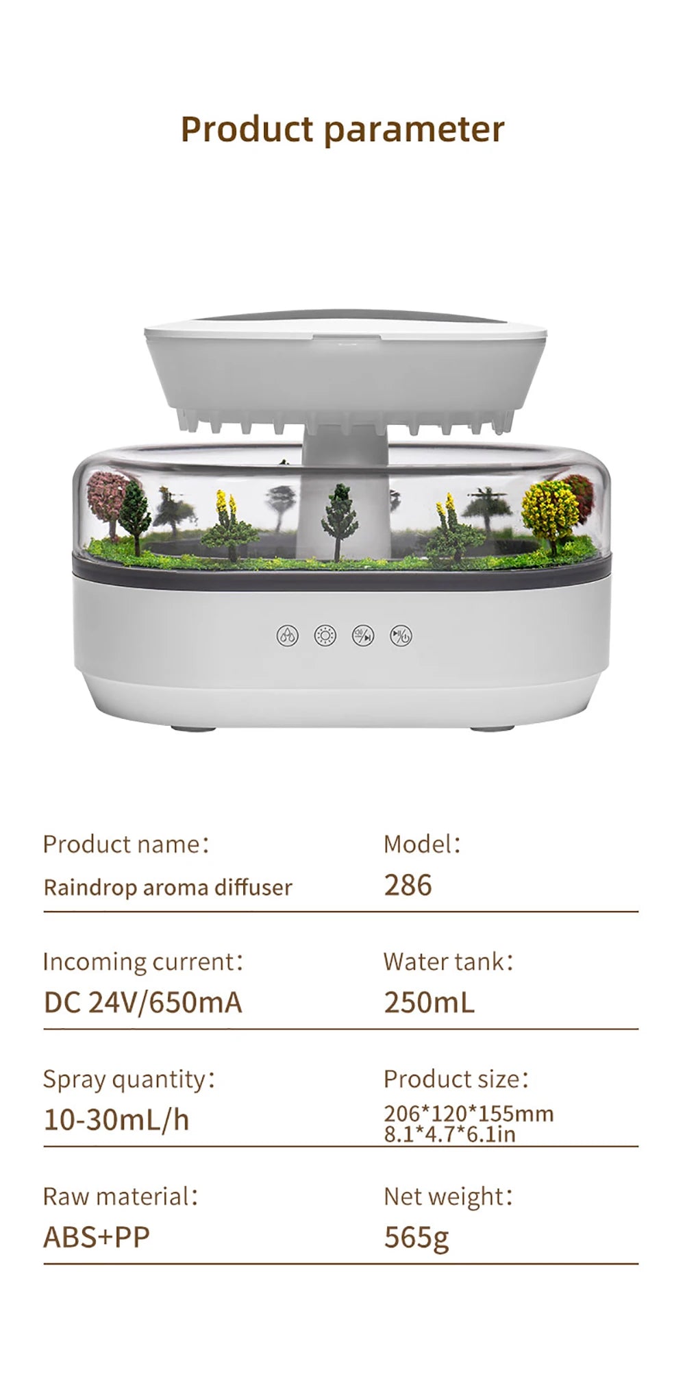 Velmora Living Raindrop humidifier essential oils diffuser showing sleek white design with mist output and control buttons.