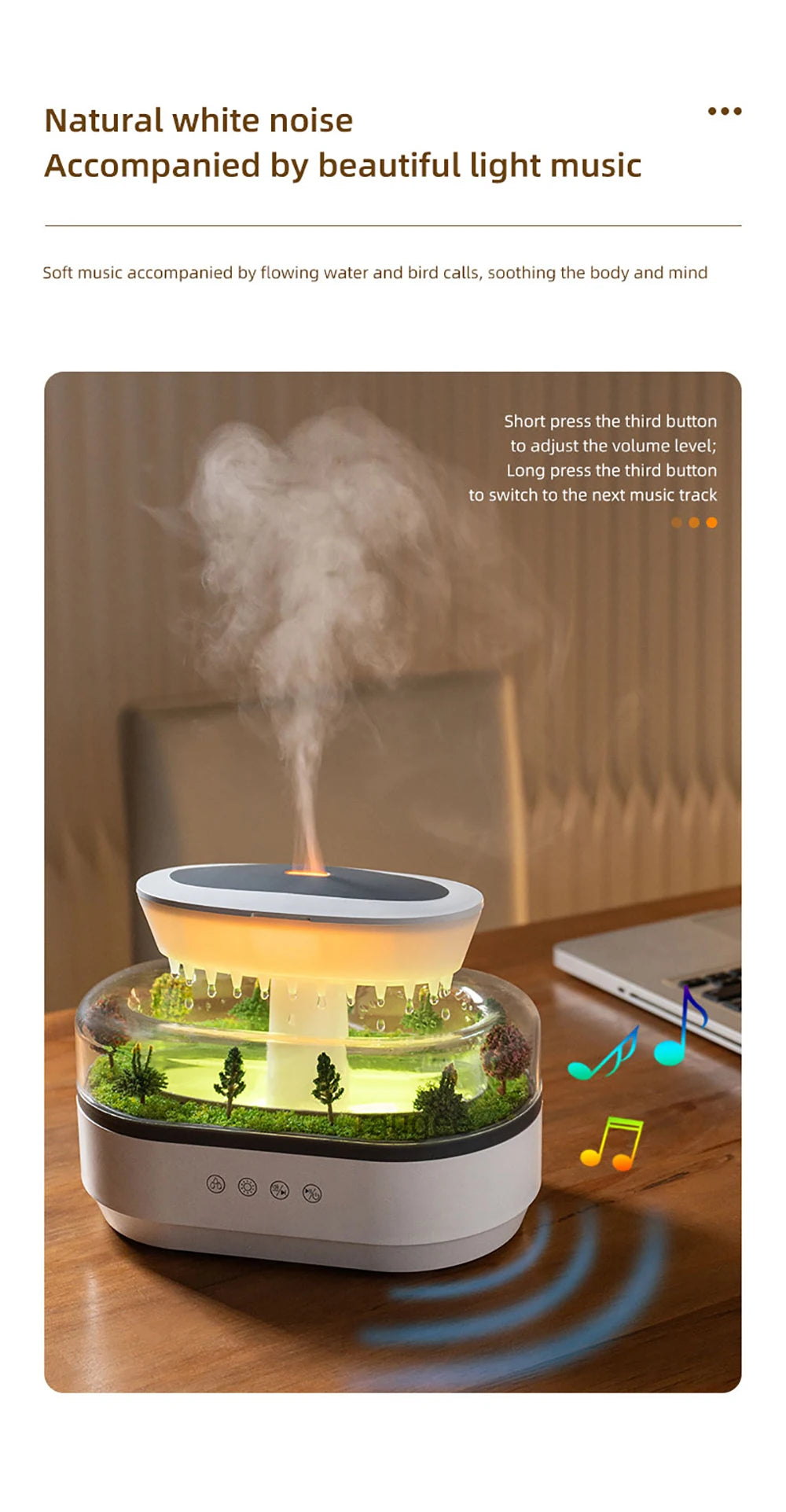 Velmora Living Raindrop humidifier essential oils diffuser with sleek design, emitting mist and displaying control buttons.