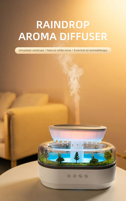Velmora Living humidifier essential oils diffuser in raindrop shape, featuring a sleek design with mist and ambient lighting.