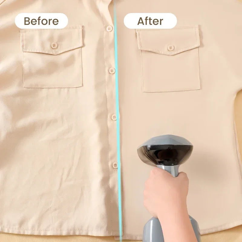 Velmora Living foldable garment steamer with fast-heat feature, compact design, and handheld iron for quick, easy clothing steaming.