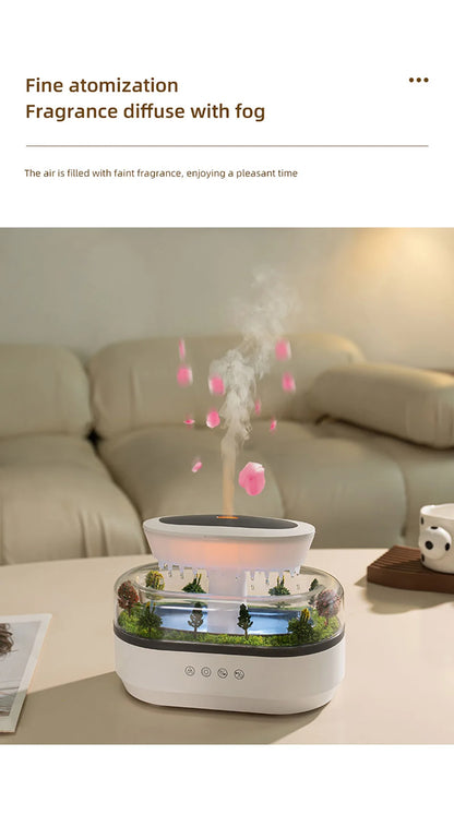 Velmora Living humidifier essential oils diffuser raindrop shape with water mist and ambient lighting, ideal for relaxation and air purification.