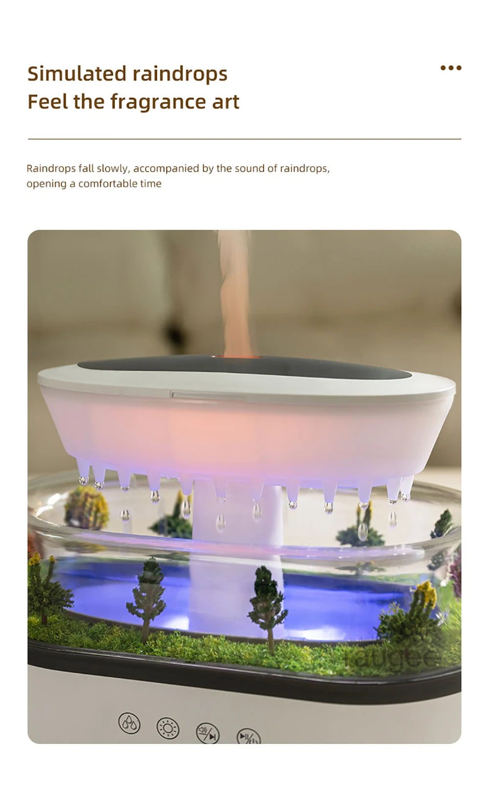 Velmora Living humidifier essential oils diffuser Raindrop design with water mist and LED lights for aromatherapy and air moisture.