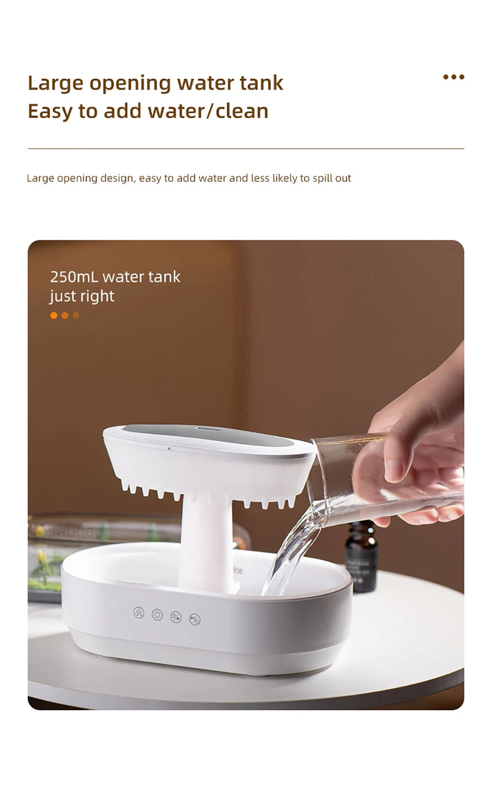 Velmora Living Raindrop humidifier essential oils diffuser showing sleek design and mist output in a modern setting.