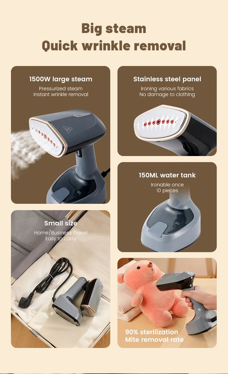 Velmora Living foldable garment steamer with fast-heat iron, compact design, and handheld fabric steaming for clothes.