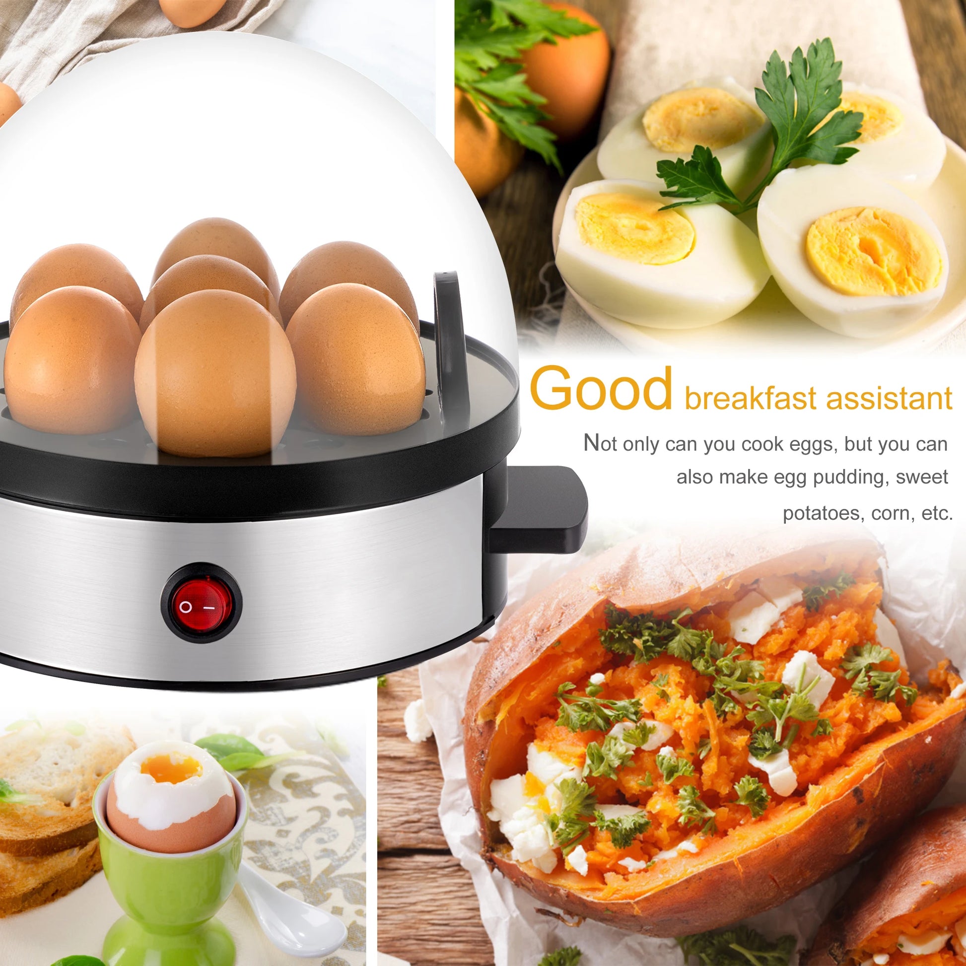 Velmora Living electric egg boiler and steamer with multifunctional cooker, showing the appliance with eggs and steaming tray.
