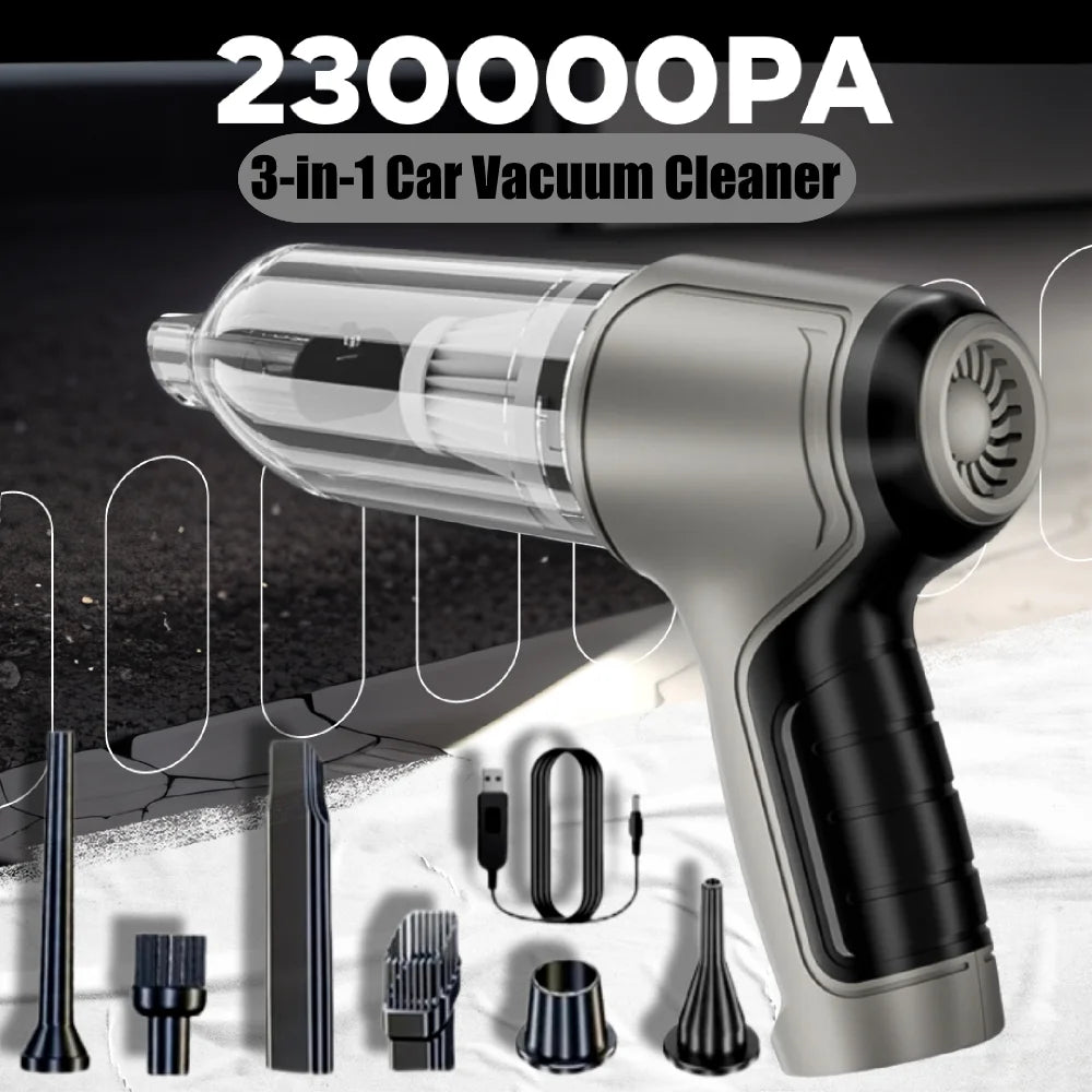 Velmora Living car vacuum cleaner with strong suction for cleaning car interiors, shown with attached hose and compact design.