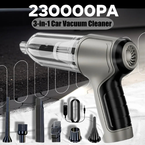 Velmora Living car vacuum cleaner with strong suction for cleaning car interiors, shown with attached hose and compact design.