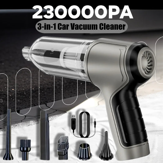 Velmora Living car vacuum cleaner with strong suction for cleaning car interiors, shown with attached hose and compact design.
