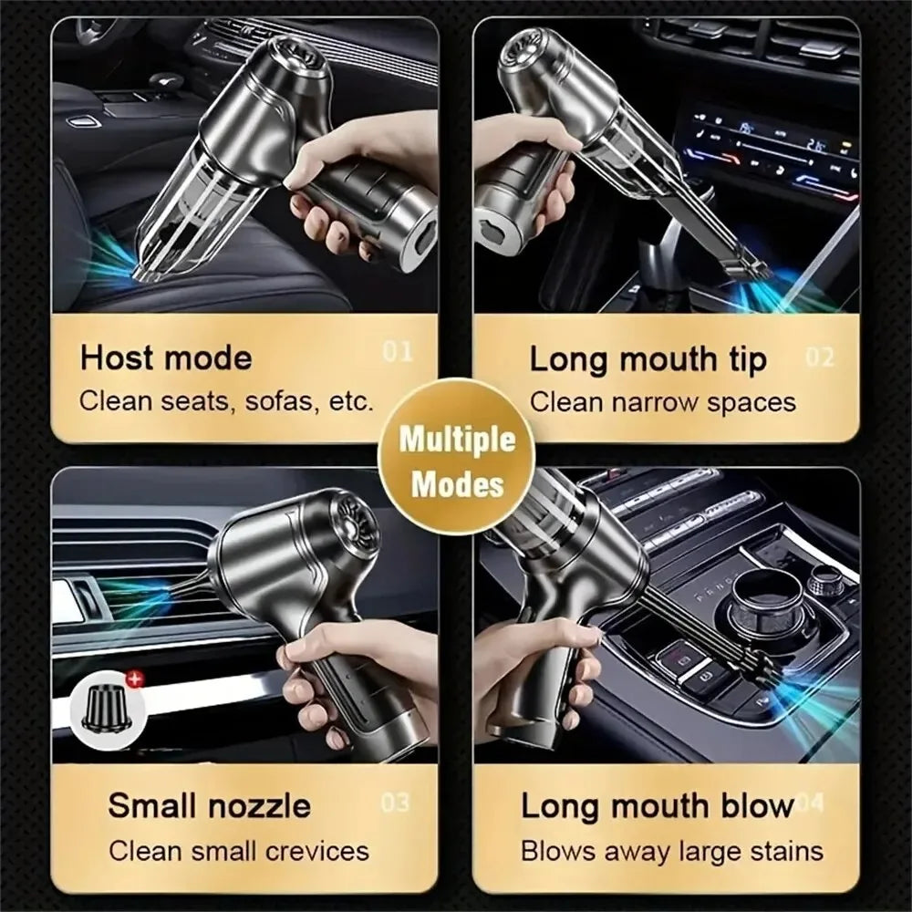 Velmora Living car vacuum cleaner with strong suction, handheld design, and cleaning attachments for vehicle interior cleaning.