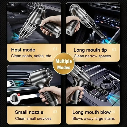 Velmora Living car vacuum cleaner with strong suction, handheld design, and cleaning attachments for vehicle interior cleaning.