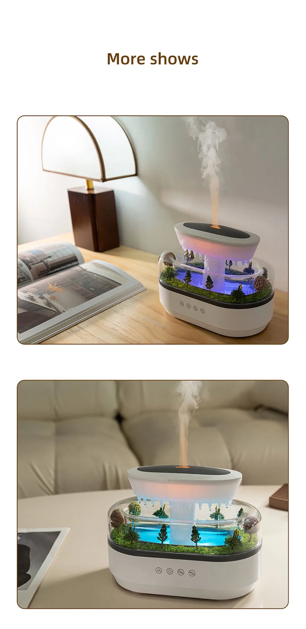 Velmora Living humidifier essential oils diffuser in raindrop shape with mist and LED light, designed for aromatherapy and room humidification.