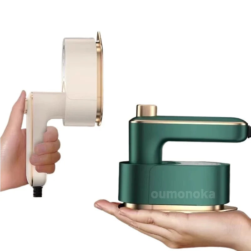 Velmora Living handheld clothing plate iron for clothes, shown in use, with a sleek compact design and ergonomic handle.