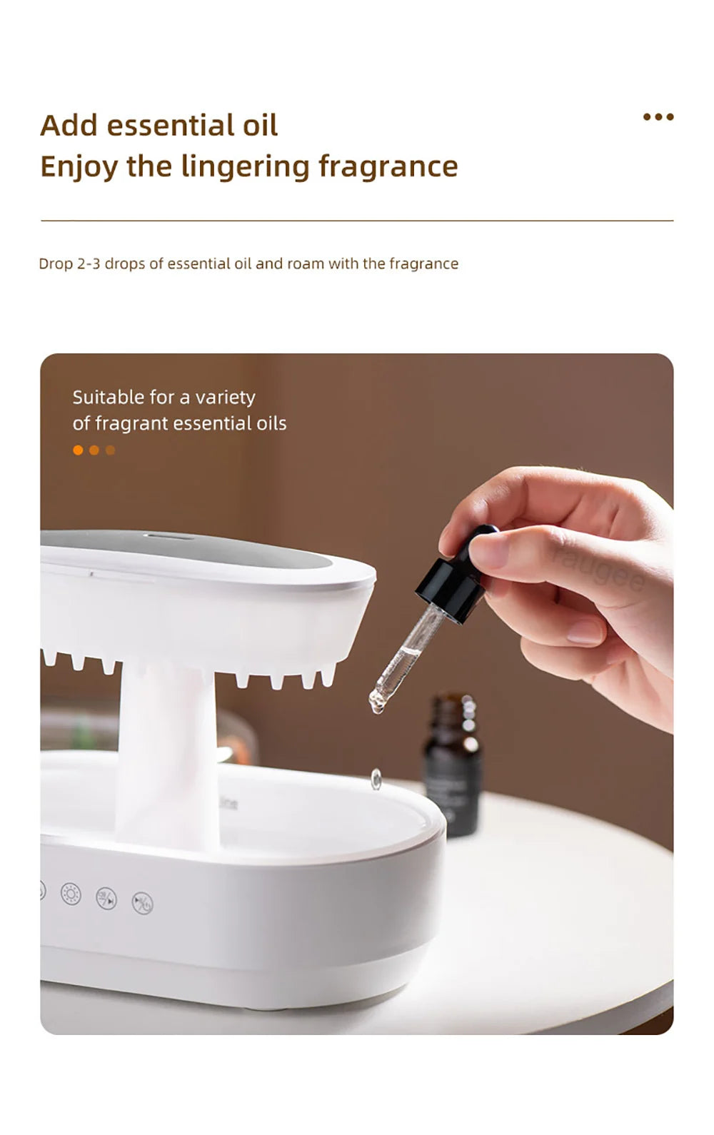 Velmora Living humidifier and essential oils diffuser in raindrop shape emitting mist, with a sleek modern design and control panel.