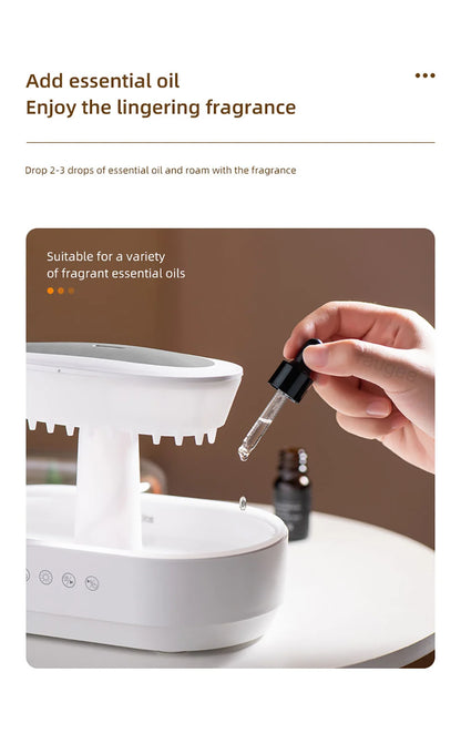 Velmora Living humidifier and essential oils diffuser in raindrop shape emitting mist, with a sleek modern design and control panel.